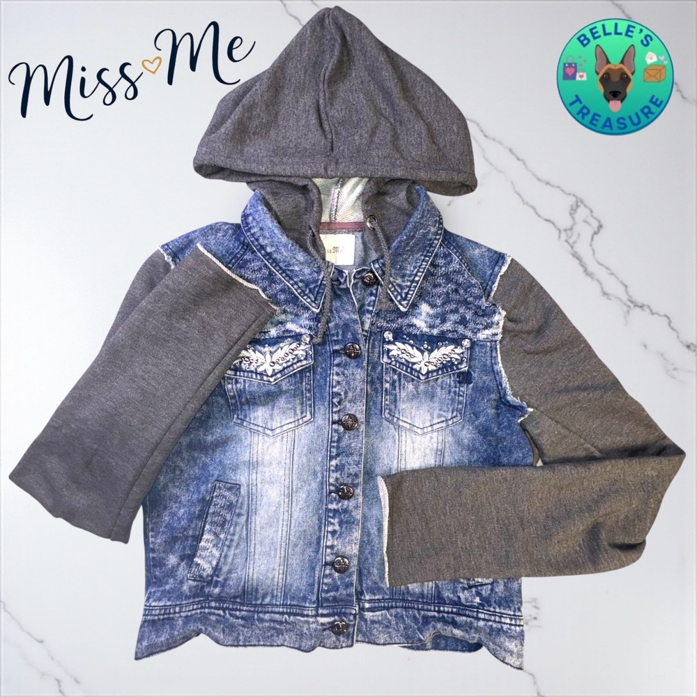 Miss Me Denim Jean Jacket Women's Medium‎ Hooded Rhinestone Bedazzled Y2K Bratz